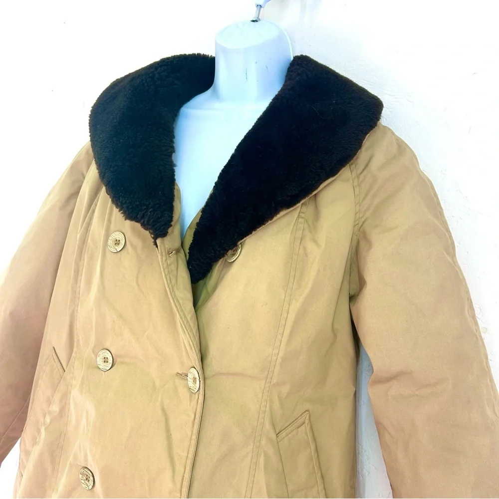 Eddie Bauer Vtg Goose Down Tan Double-Breasted Coat Faux Fur Collar Womens L USA